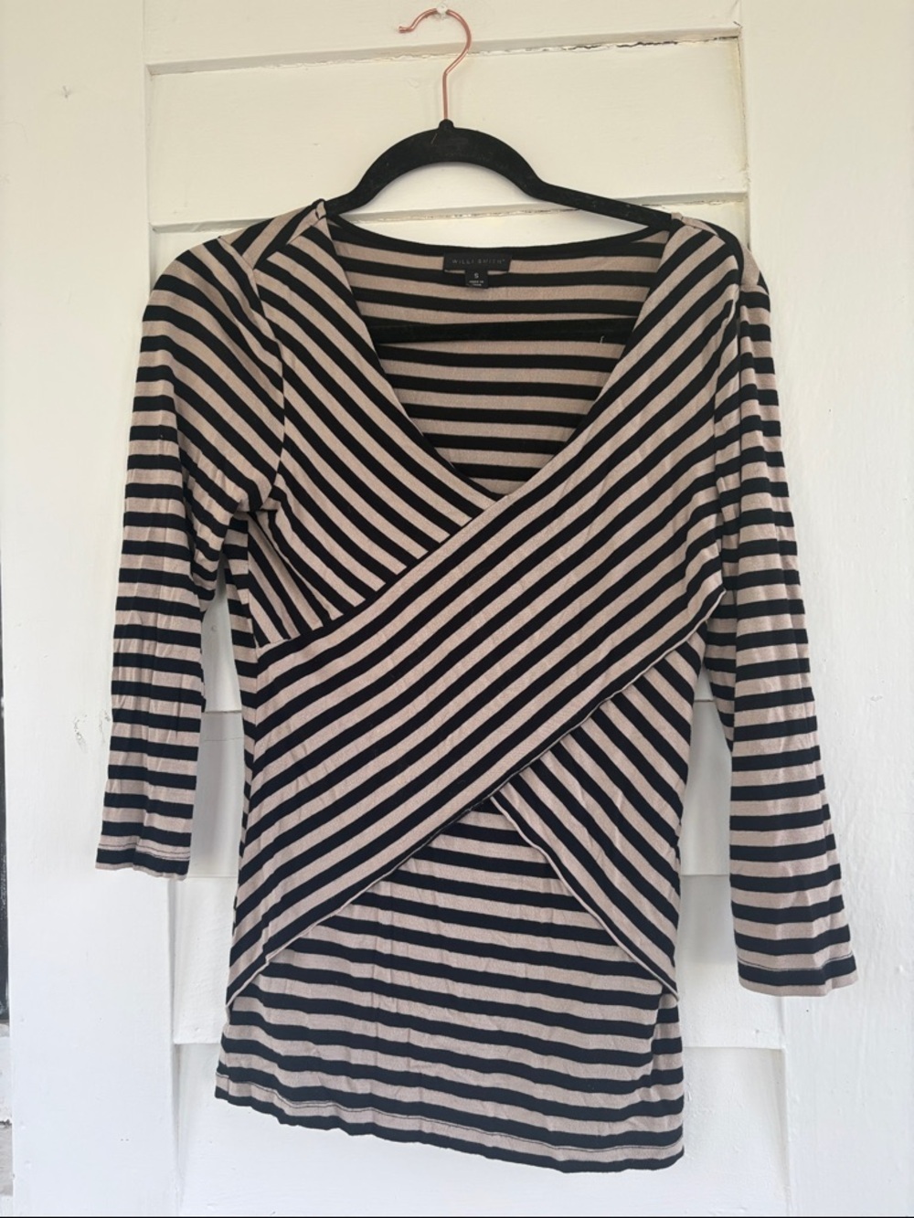 Willi Smith Black and Beige Striped Wrap-Front Long Sleeve Top